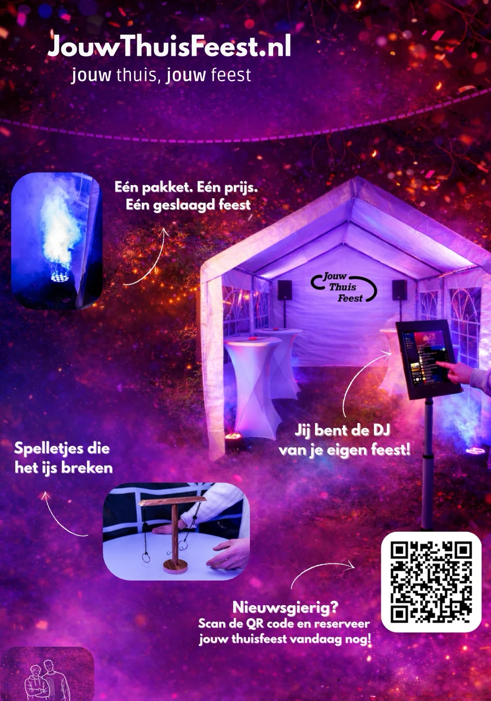 Voorkant poster JouwThuisFeest: verlichte partytent met rookmachine, DJ-tablet en spelletjes