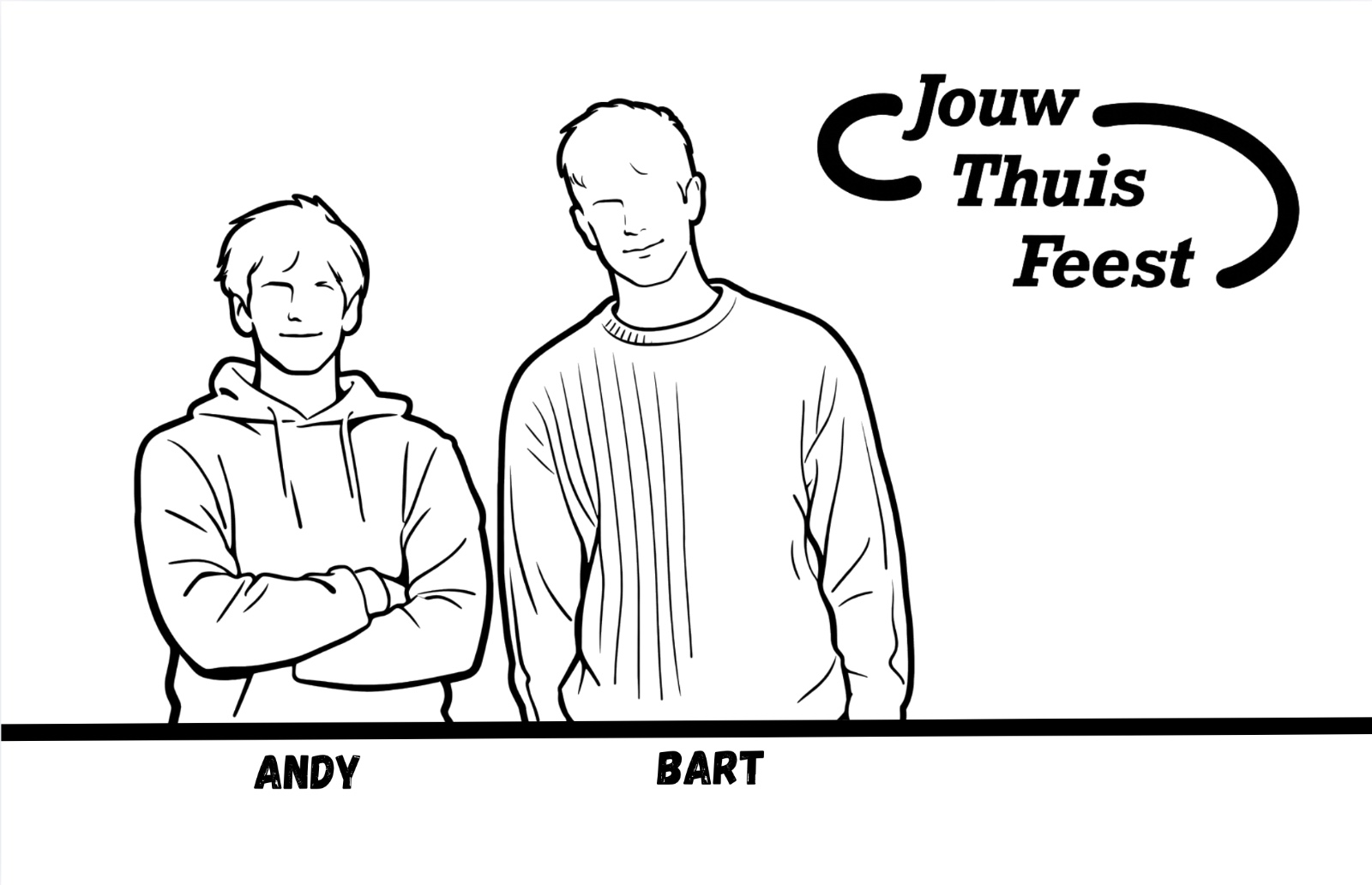 Achterkant visitekaartje JouwThuisFeest: lijntekening van Andy en Bart met het logo